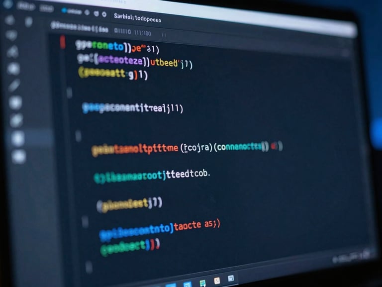 Extreme close-up of a dark-mode code interface on a curved screen, soft blue ambient light, shallow depth of field, technical authority.