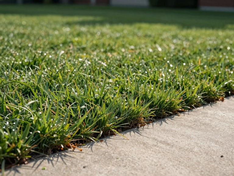 Close-up ground-level shot of a freshly edged lawn border against a concrete driveway seam in clear morning light — blade-sharp grass line, no equipment, no people, detail of the edge finish visible