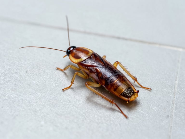 Macro photograph of a single German cockroach on a clean, light gray tiled surface, bright scientific lighting.