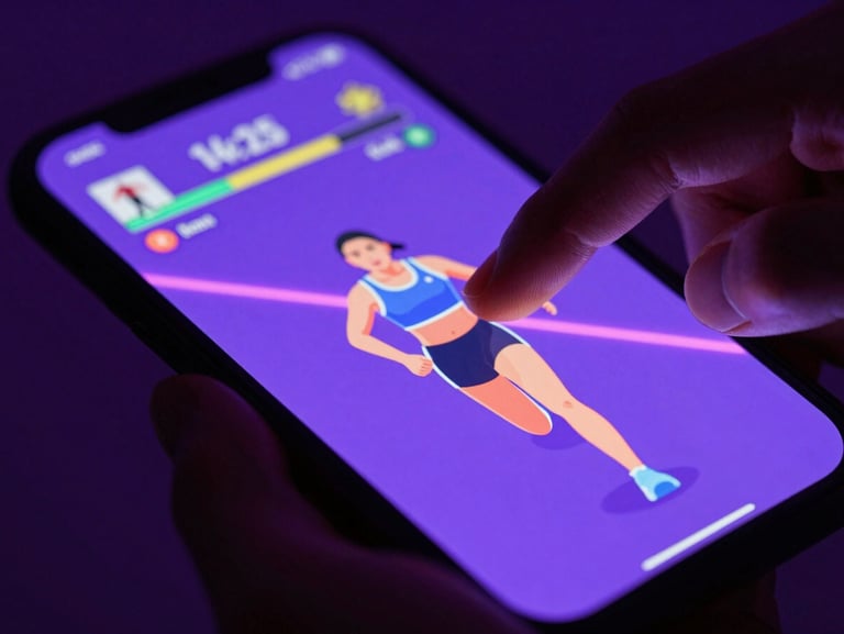 Macro close-up of a mobile screen displaying a neon-tinged runner game, high-contrast violet backlighting, fingers interacting with the screen.