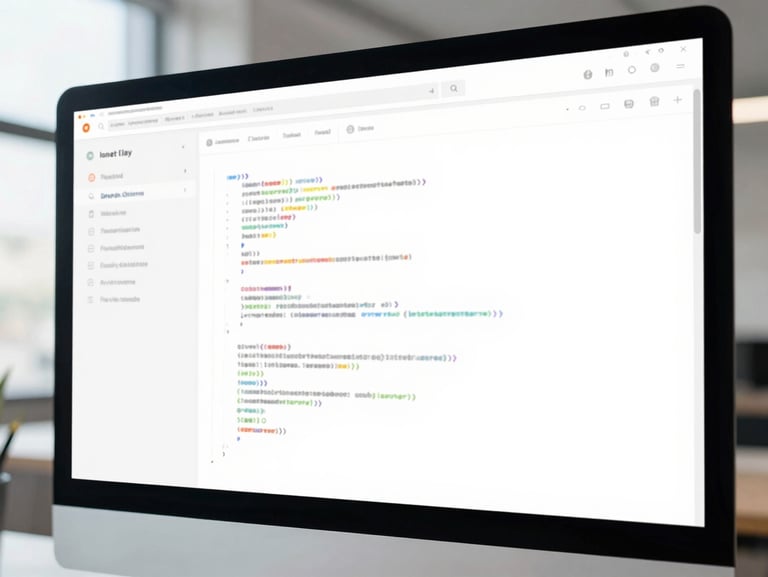 Clean modern software interface on a desktop screen, subtle code lines, cool-toned daylight