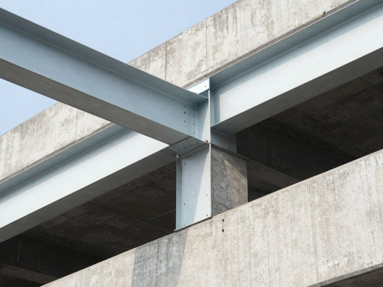 Close-up of industrial concrete and exposed steel structures, sharp focus, bright daylight