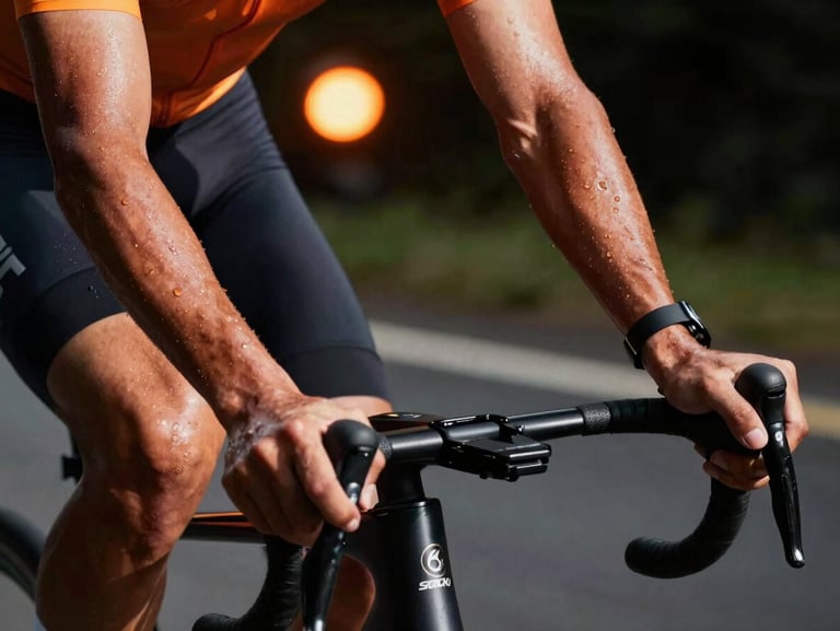 Dynamic close-up of an indoor cyclist sweating under dramatic orange spotlighting, hands gripping handlebars, deep shadows, high-energy athletic environment.