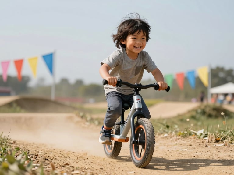 Low-angle action shot of a young child smiling intensely while riding a balance bike on an outdoor dirt track, bright natural sunlight, colorful flags blurred in the background.