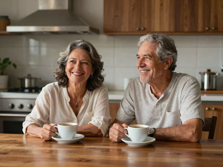Wide environmental portrait of a smiling Brazilian couple in their early 60s sitting at a warm wooden kitchen table, drinking coffee in soft morning light, looking relaxed and secure.