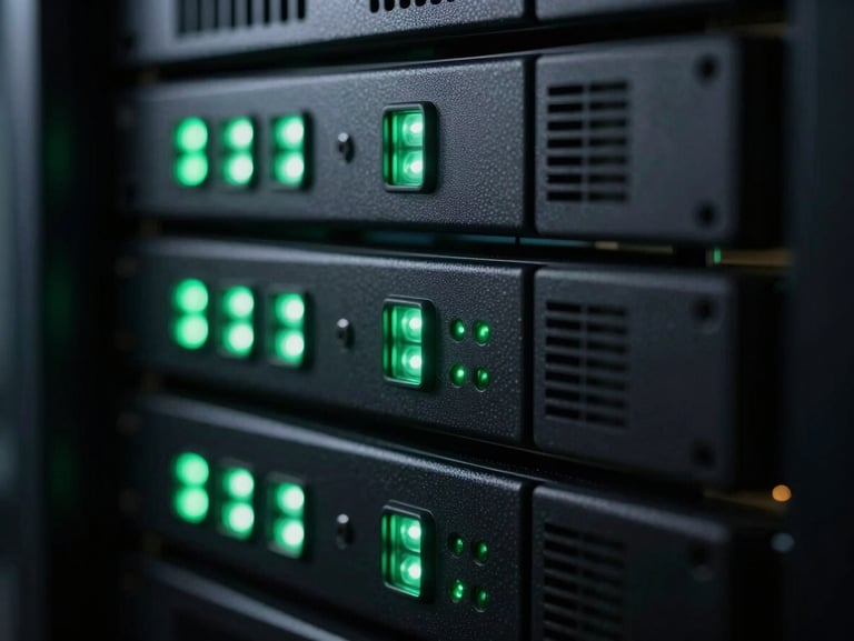Macro close-up of high-speed server racks, glowing emerald indicators, deep shadows, shallow depth of field, professional server room.