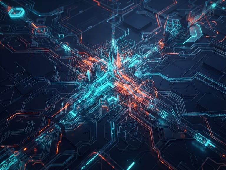 Sleek dark-mode 3d render of an abstract digital network with glowing cyan and orange neon accents, deep navy background, clean geometric circuit patterns, octane render, wide angle.