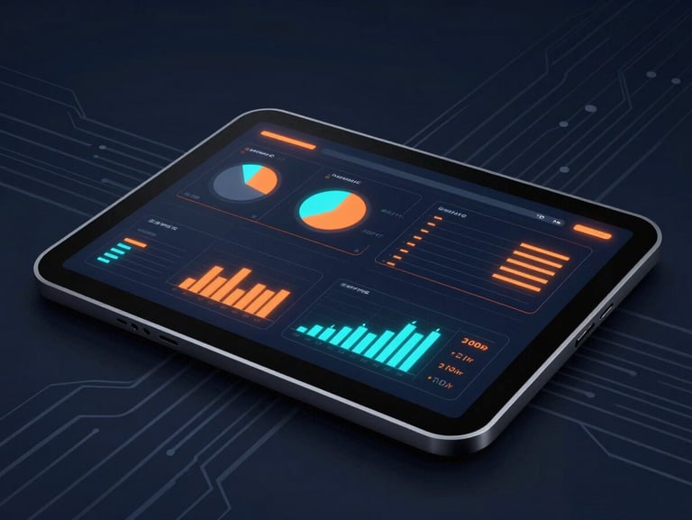 Sleek dark-mode 3d render of a secure tablet terminal displaying data charts, glowing orange neon accents, deep navy background, clean geometric circuit patterns, octane render, close-up.