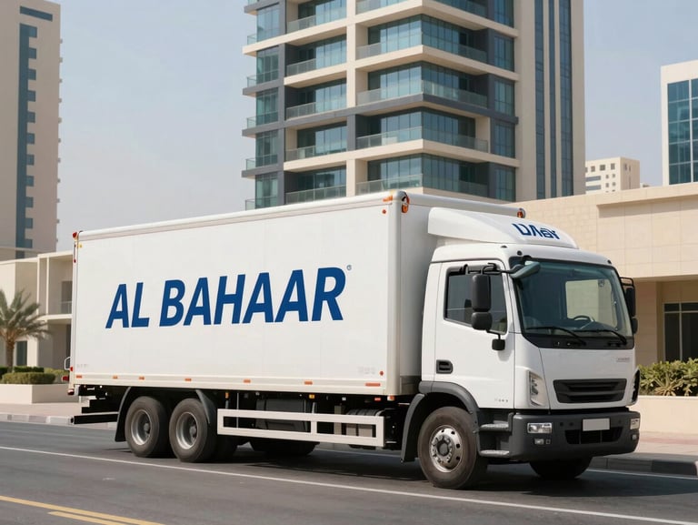 Branded Al Bahaar moving truck parked outside a modern Abu Dhabi residential tower, bright desert daylight, clean composition