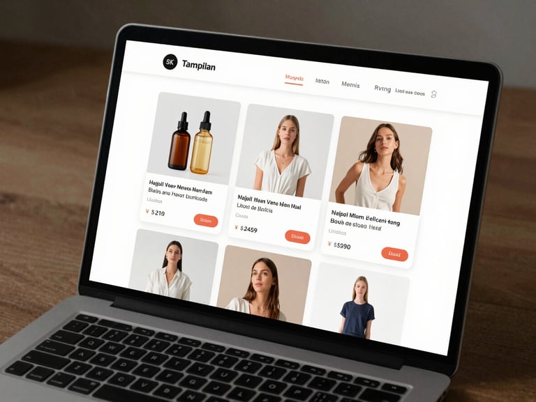 Tampilan mockup desktop dari aplikasi e-commerce minimalis yang bersih, menampilkan grid produk dengan tata letak modern dan navigasi yang intuitif.