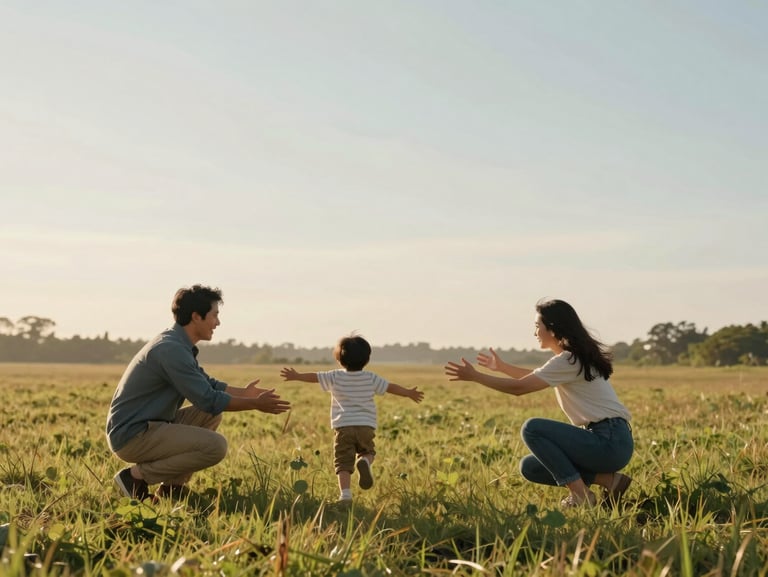 Wide landscape frame — a young family in a sun-soaked open field, child running toward parents with arms outstretched, parents crouching to receive them, warm late-afternoon haze softening the grass behind, no one facing the camera