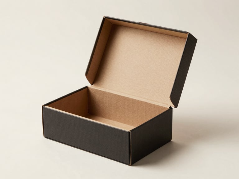 Three-quarter studio shot of a custom rigid box with an open lid revealing a branded interior, bright studio strobes, off-white surface, sharp detail on printed exterior, no lifestyle elements