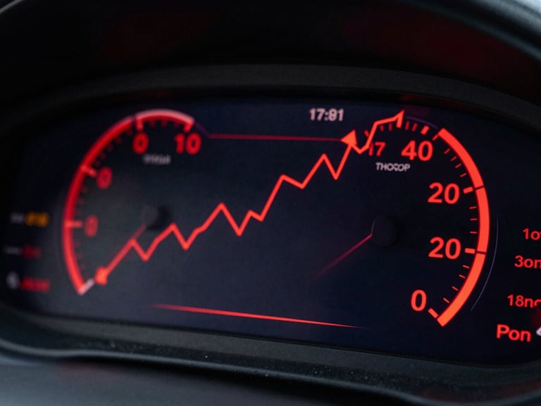 Moody high-contrast close-up of a digital dashboard on a screen in a dark room, glowing red metrics and trend lines pointing upward, sharp angles.