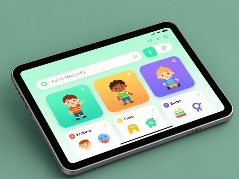 Macro shot of a high-fidelity mobile UI mockup on a modern Android tablet displaying a colorful interactive kids learning dashboard, soft green studio lighting, 35mm