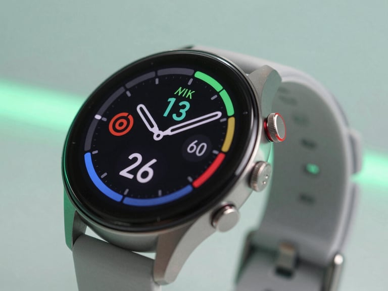 Close-up of a modern Android smartwatch screen showing a vibrant health tracking dashboard, cool studio lighting with subtle green neon accents, 35mm