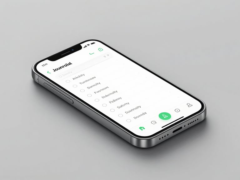 A clean isometric product render of an Android phone displaying a minimalist journaling app interface, soft shadows, technical minimalist aesthetic, 35mm