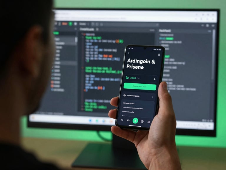 Over-the-shoulder view of a developer testing a sleek dark-mode productivity app on an Android phone, crisp syntax visible on a monitor behind, neon green accents, 35mm