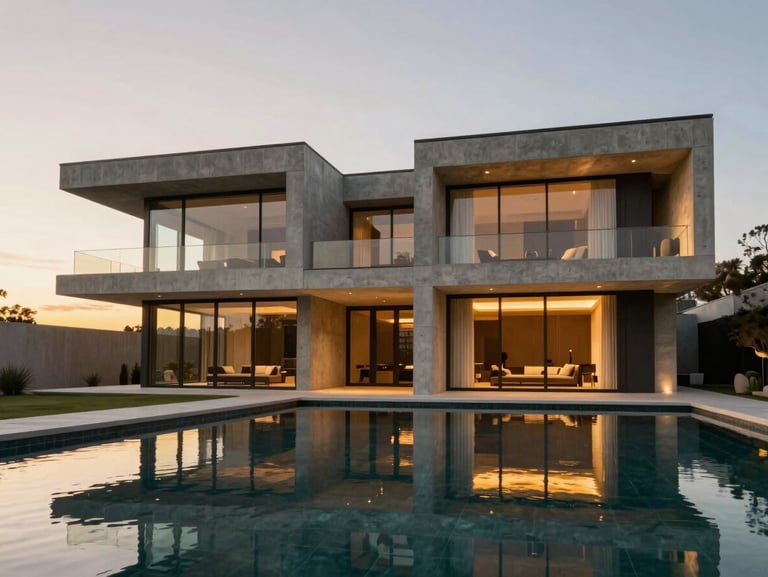 Luxury modern concrete and glass villa with reflection pool at sunset, architectural symmetry, warm lighting, 8k resolution