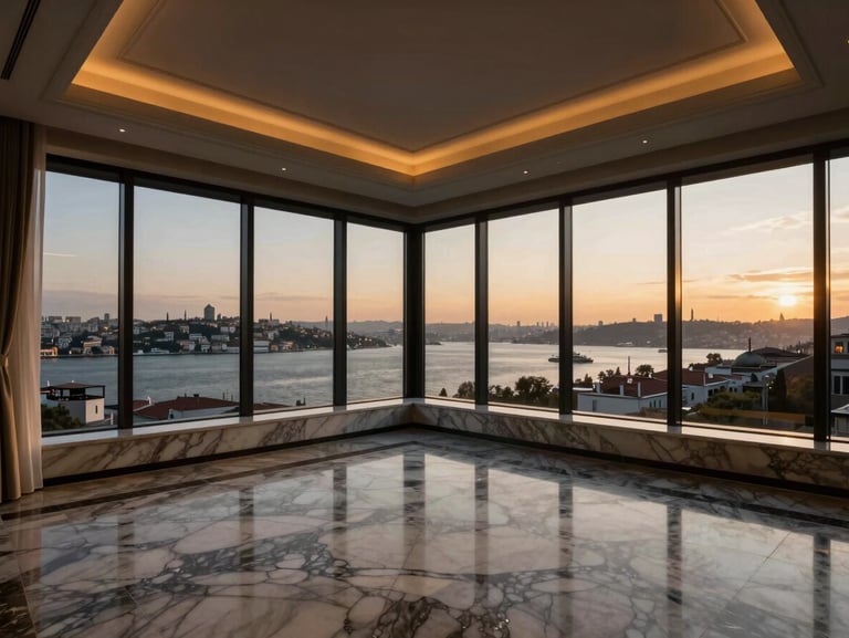 Ultra-luxury penthouse interior overlooking the Bosphorus at twilight, fırçalanmış pirinç and damarlı mermer details, deep charcoal shadows