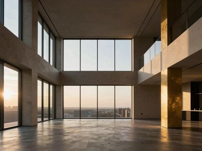 Minimalist high-end loft interior with double height ceiling, massive windows, structural columns, warm gold accents