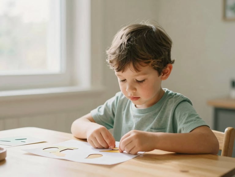 A young child sitting at a wooden desk, focused intently on cutting out paper shapes, warm natural window light, soft cream and sage background