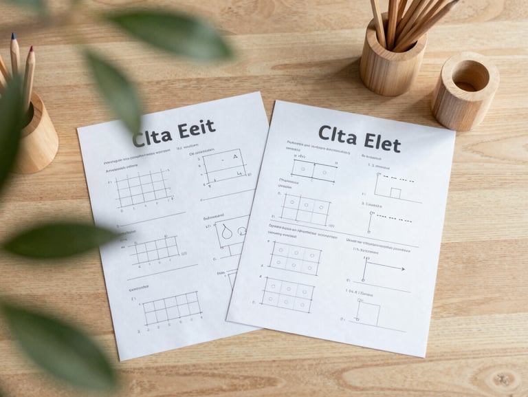Flat-lay of beautifully designed math worksheets on a light oak table, surrounded by wooden pencil holders and soft green leaves