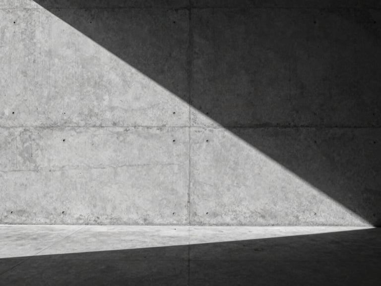 Wide environmental shot of an empty concrete gallery wall with a single sharp shadow falling diagonally, high-contrast sunlight, 35mm desaturated.