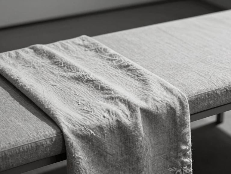Extreme close-up of tactile linen fabric texture draped over a minimalist bench, soft museum-gallery lighting, monochrome desaturated tones, sharp focus.