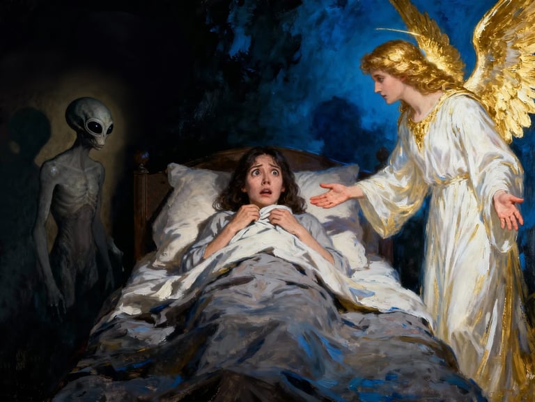 A terrified woman with a Grey and an angel on either side