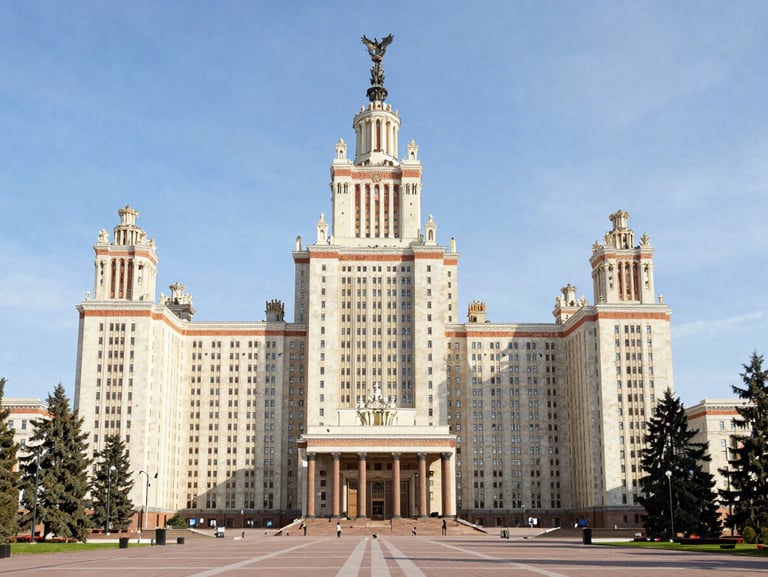Classic historic university facade in Russia, bright daylight, clean academic environment.