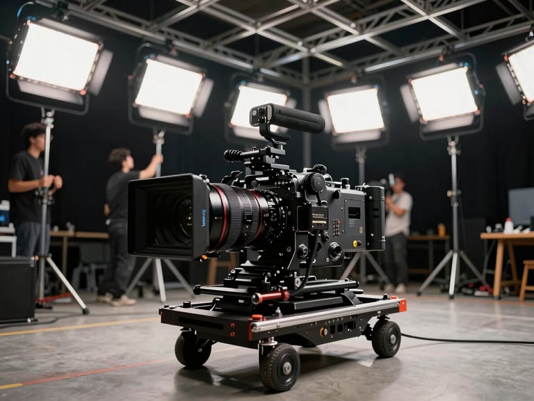 High-contrast close-up of a heavy-duty camera rig on a dolly, crew members actively rigging lights on a massive metal grid overhead, dramatic production lighting.