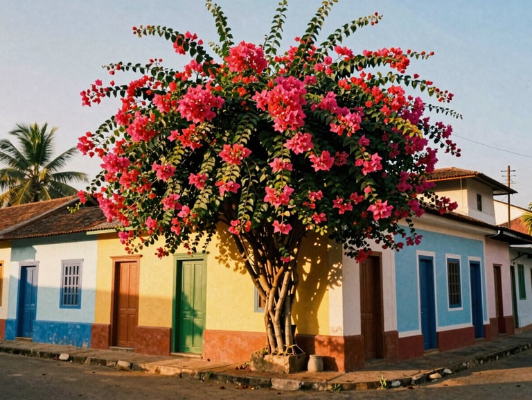 Vibrant Goan street with colorful Portuguese-style houses and lush bougainvillea under golden sunlight, 35mm film