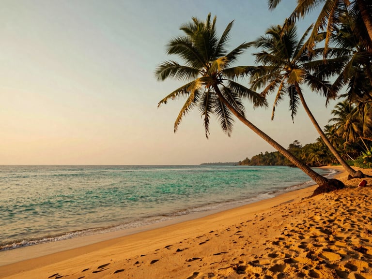 Secluded sandy cove in South Goa with calm turquoise water and leaning coconut palms at sunset, warm editorial photography