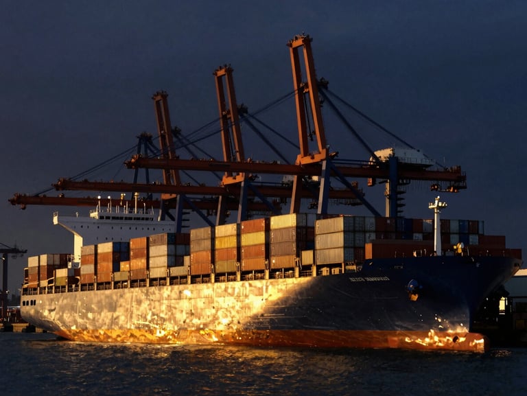 Wide-angle environmental shot of a massive container ship docked at a deep-water port during twilight. Dramatic golden-hour lighting reflects off the metallic surfaces of hundreds of stacked shipping containers. Large gantry cranes tower over the vessel against a deep navy sky, emphasizing immense industrial scale.
