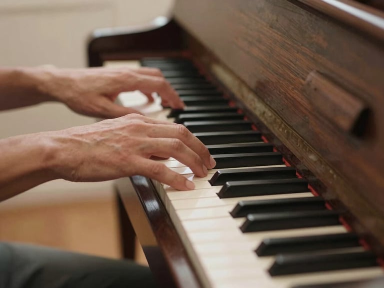 A close-up of hands playing classical piano keys, warm indoor lighting, shallow depth of field, with a subtle play overlay.