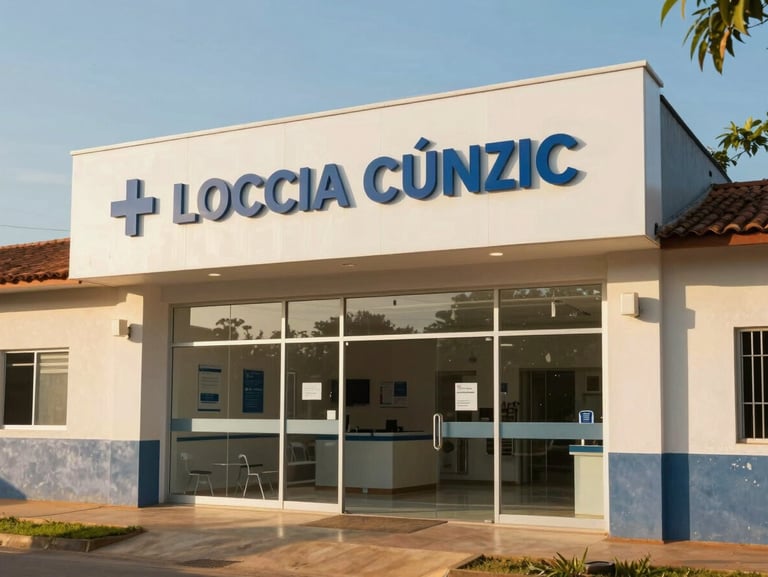 A practical shot of a local medical clinic entrance in a rural Brazilian town, clean modern sign, warm morning sunlight.