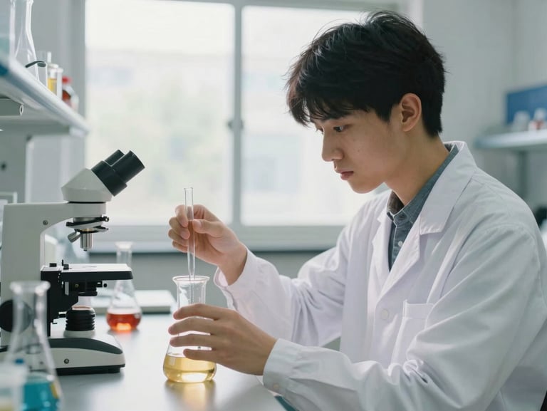 A student in a white lab coat conducting a chemistry experiment, adjusting a glass beaker under bright, natural laboratory window light, clean modern instruments.