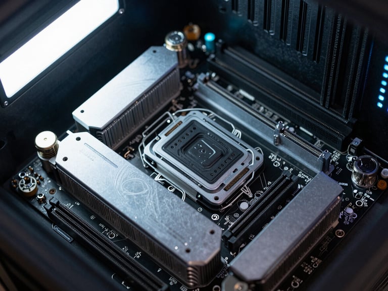 Close-up overhead shot of a gaming server motherboard with heat sinks and RAM sticks under cold fluorescent data-center lighting, cyan status LED visible in the corner, no text
