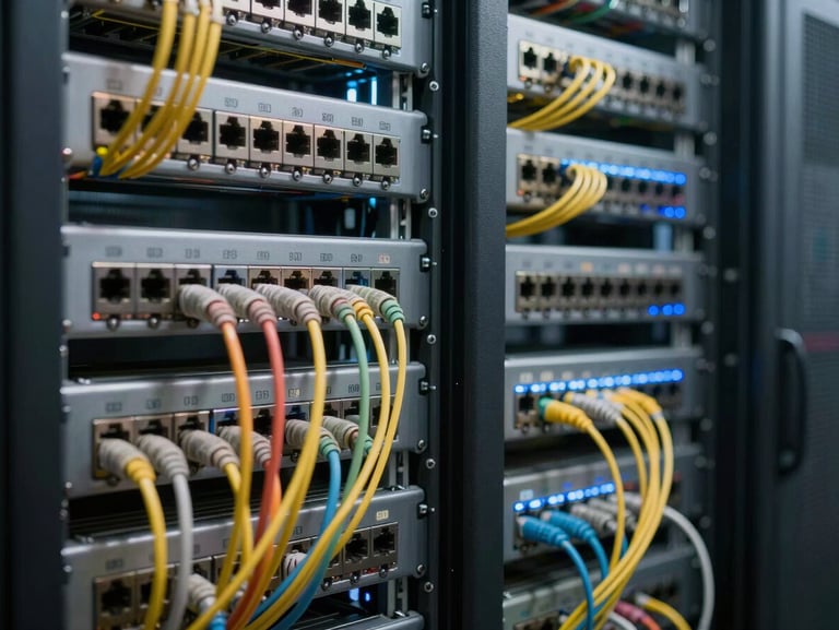 Wide shot of fiber optic patch panels inside a data center, dense rows of colored cables plugged into ports under cool LED lighting, shallow depth of field, no text