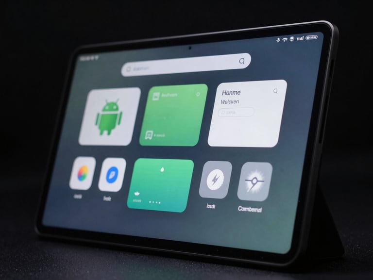 Close-up of a matte glass screen displaying a custom Android interface with minimalist widgets, low-key dramatic studio lighting, dark background, sharp focus.