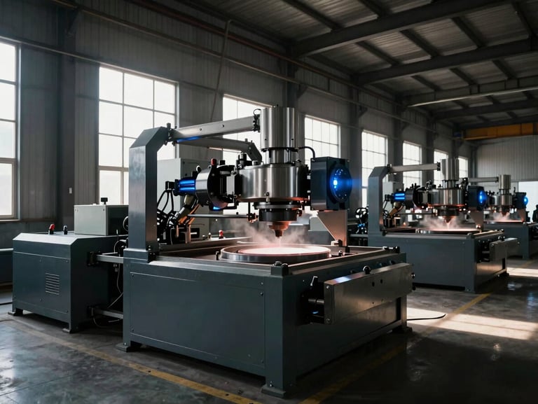 Wide-angle panoramic shot of the Zhaoqing factory floor, modern automated casting machinery, industrial daylight filtering through high windows, metallic dust visible, professional photography