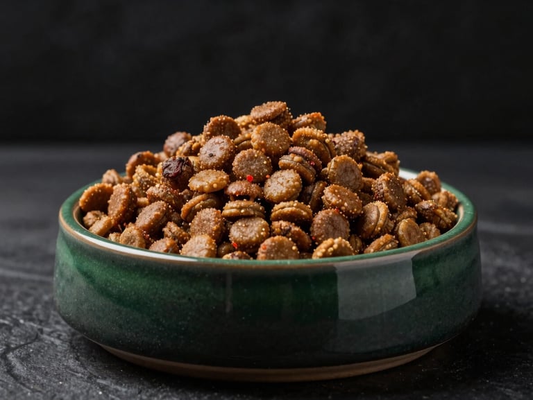 Premium grain-free dog kibble in a dark ceramic bowl, studio lighting, rich brown accents, sharp focus, 50mm lens