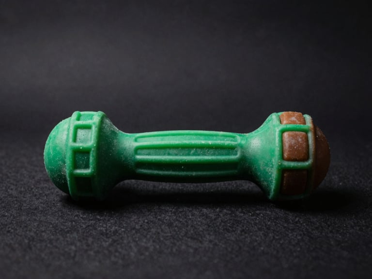 Tough rubber dog chew toy on a dark textured background, dramatic side lighting, rich green accents, 50mm lens