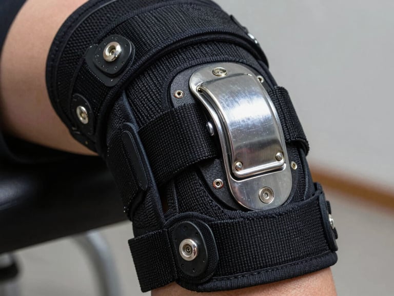 Macro shot of the hinge mechanism and compression knit weave of a clinical-grade post-op orthopedic knee brace