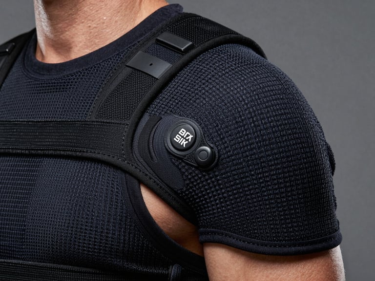 Macro shot of the advanced compression knit weave and anatomical compliance padding of an orthopedic shoulder stabilizer, sterile studio light