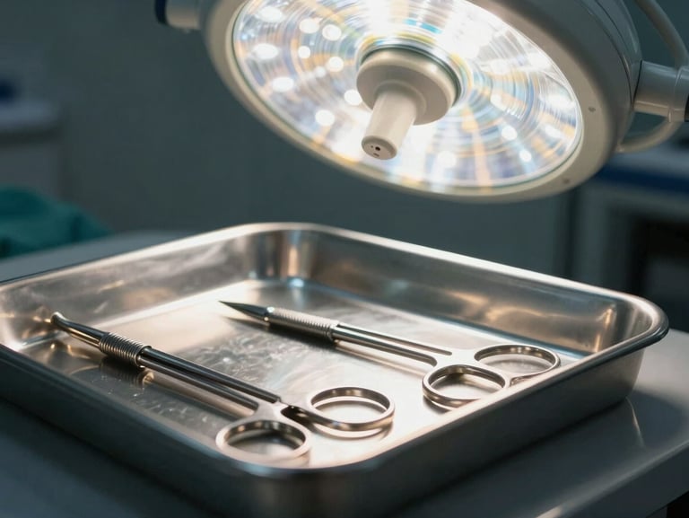 Extreme close-up of sterile surgical tray containing stainless steel instruments under bright shadowless operating room light