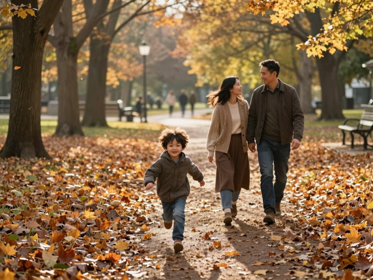 Wide environmental family scene in a warm-lit autumn park, two young children running ahead on a leaf-covered path while parents walk close together behind them, soft backlit afternoon sun, candid mid-stride, nobody looking at camera
