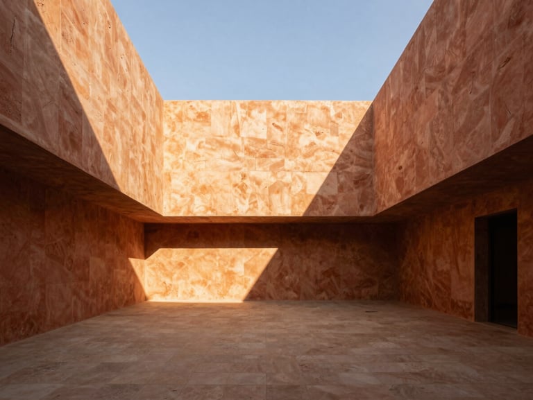 A wide-angle view of a modern minimalist courtyard, deep-set verandas casting long geometric shadows on a lime-plastered wall, a single architectural opening showing the sky, warm golden hour