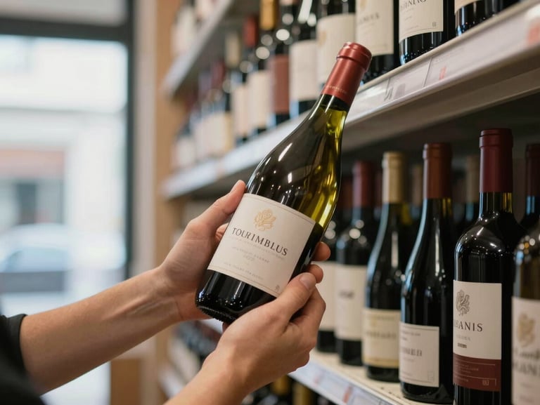 Close-up tight shot of hands carefully placing a wine bottle upright onto a market shelf in a specialty import wine shop. The label is in sharp focus, the background shelving is softly blurred. Even, cool indoor daylight from a nearby window. No faces visible, no expressions. Framing is intimate and precise.