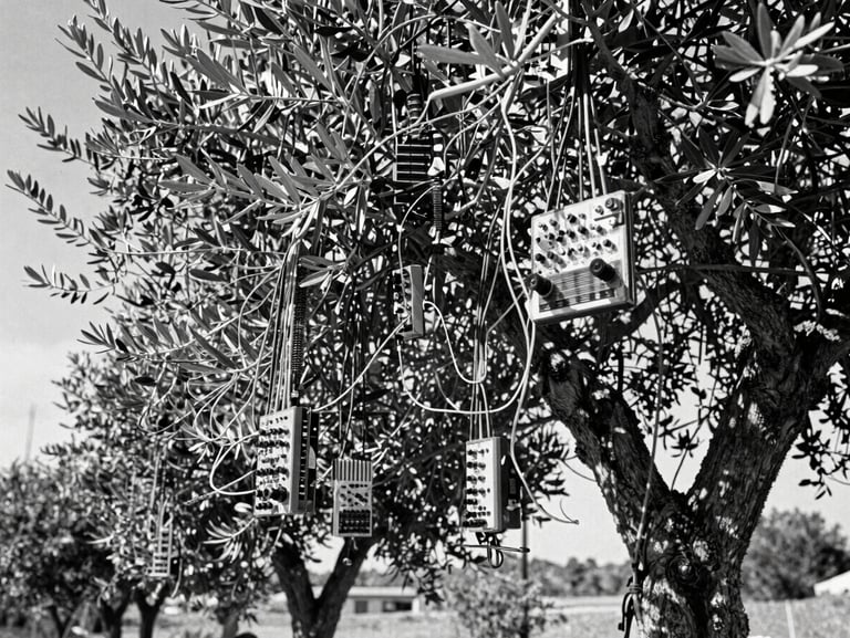 Stark documentary photography of modular synthesizer cables hanging from the branches of an gnarled olive tree, harsh sun-bleached tones, 35mm film grain